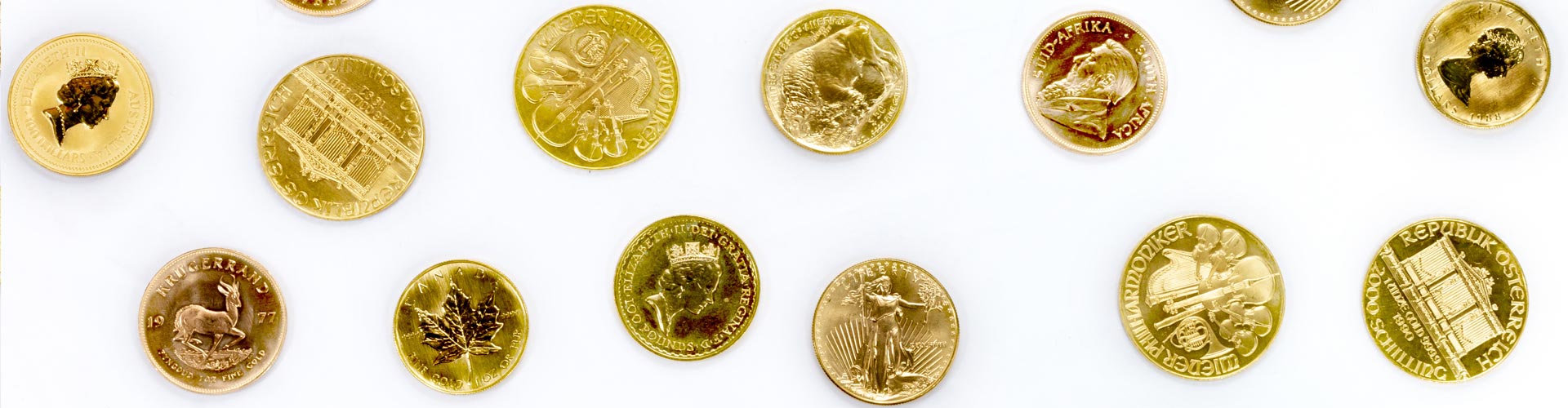 Verschiedene Goldmünzen und Goldanlagemünzen unter anderem Krügerrand und Wiener Philharmoniker