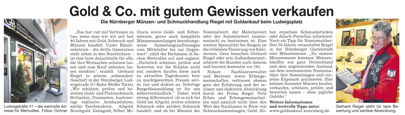 Ein Zeitungsartikel über die Nürnberger Münzen- und Schmuckhandlung Riegel mit Goldankauf